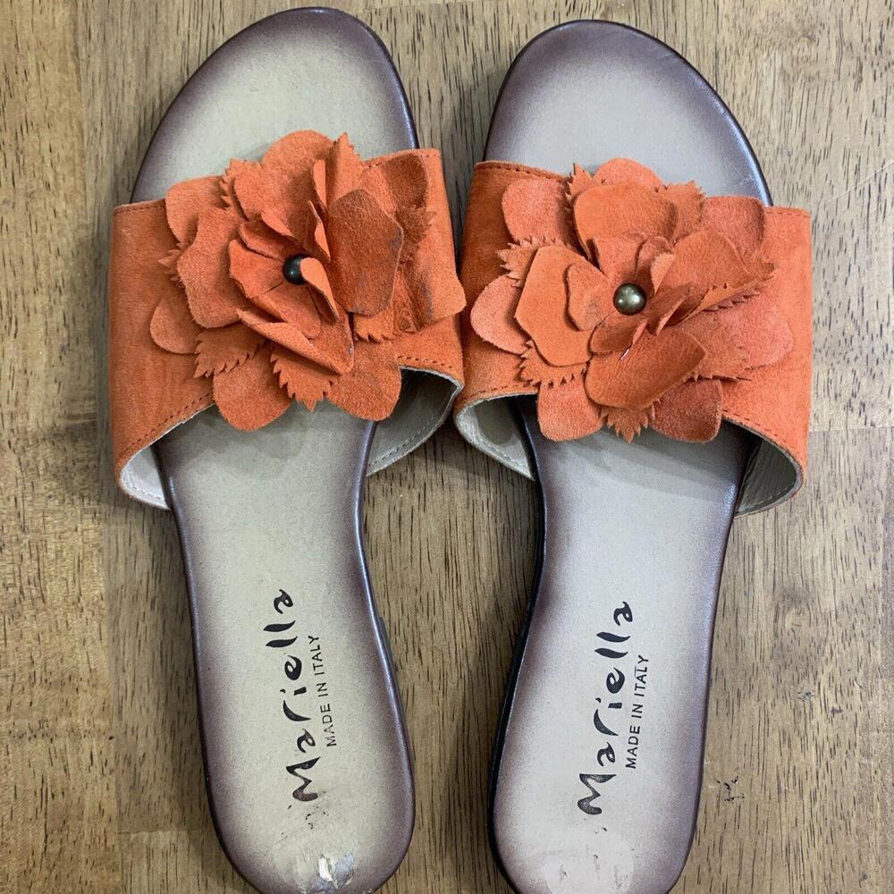 Women's Mariella Made in Italy 8M Slides Shoes Orange Slippers Flower Le… - Picture 1 of 7